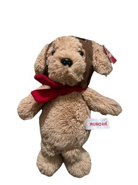 Aurora Dufry Exclusive Puppy Dog Plush Red Bow Tan Stuffed Animal